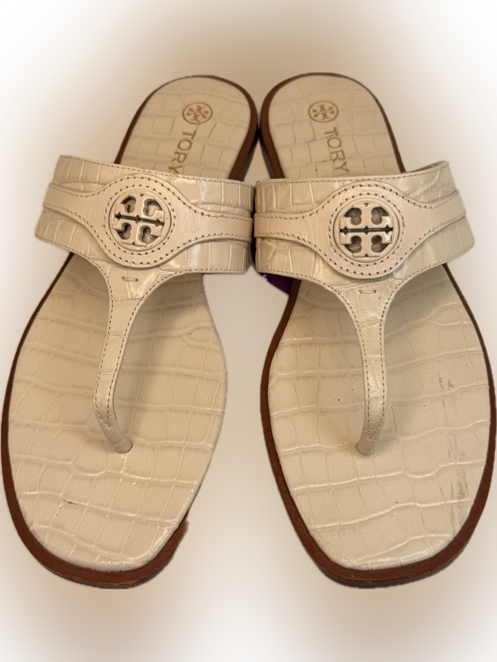 Tory Burch T Strap Croc Embossed Thong Shoes Sz 9